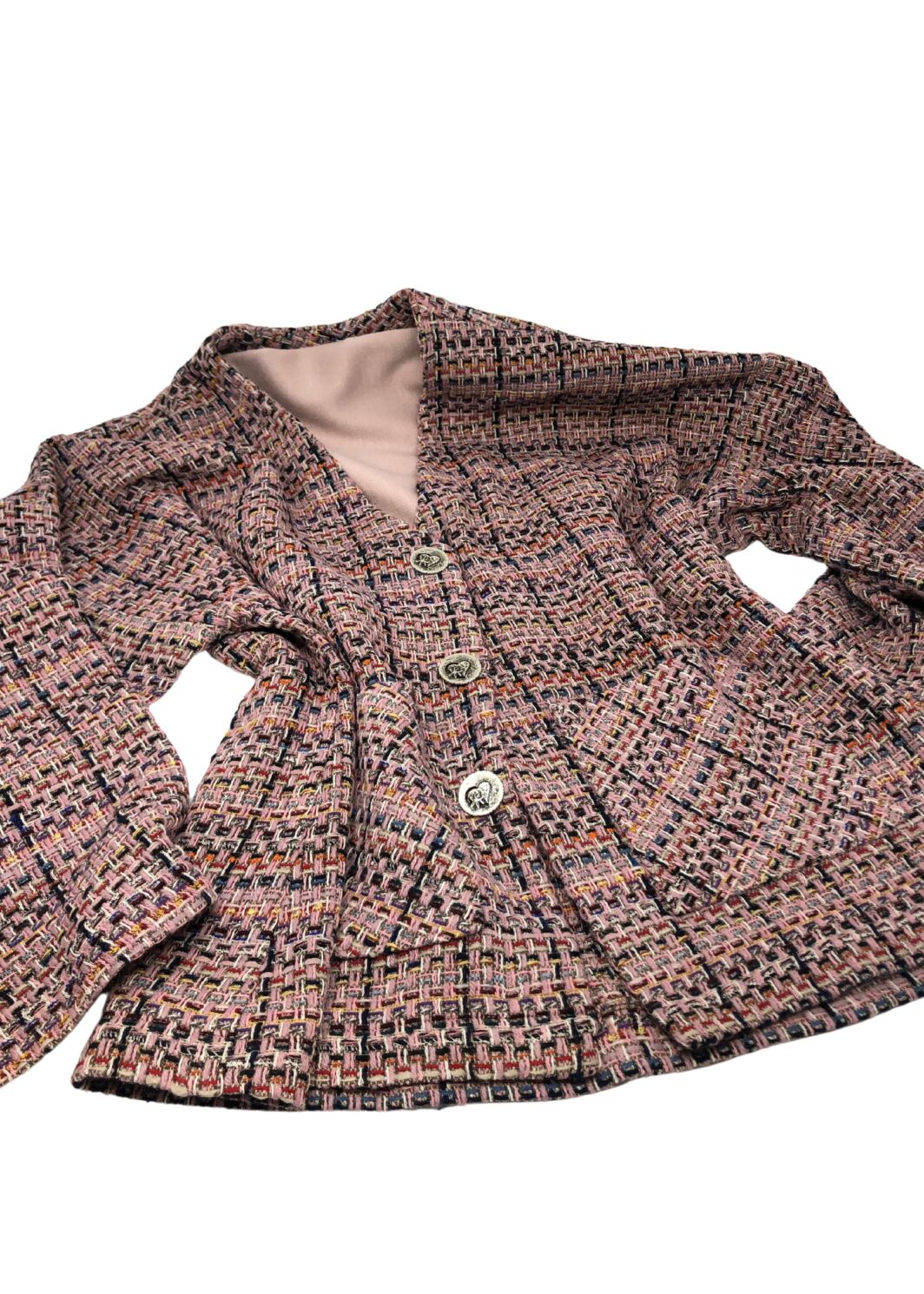 Plaid tweed blazer with button details.