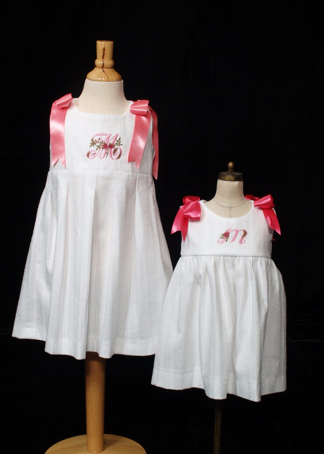 A girl and her mother in matching dresses.